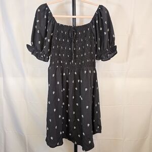 Black Puff Sleeves Dress with White Leaf Pattern